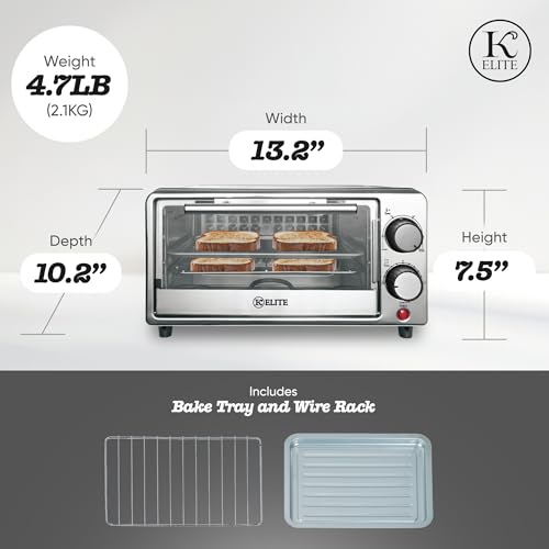 Kitchen Elite 4-Slice Toaster Oven, Compact Countertop Appliance with Bake Tray, Wire Rack, Adjustable Timer, and Temperature Control, Black - My Kitchen Products