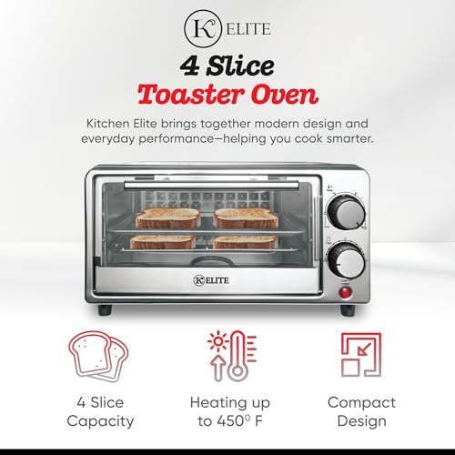 Kitchen Elite 4-Slice Toaster Oven, Compact Countertop Appliance with Bake Tray, Wire Rack, Adjustable Timer, and Temperature Control, Black - My Kitchen Products