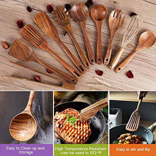 Kitchen Utenails Set with Holder,Kitchen Wooden Utensils for Cooking, Wood Utensil Natural Teak Wood Spoons for Cooking,Wooden Kitchen Utensil Set With Spatula and Ladle (11) - My Kitchen Products