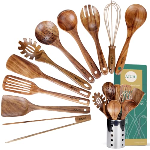 Kitchen Utenails Set with Holder,Kitchen Wooden Utensils for Cooking, Wood Utensil Natural Teak Wood Spoons for Cooking,Wooden Kitchen Utensil Set With Spatula and Ladle (11) - My Kitchen Products