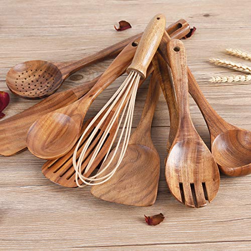 Kitchen Utenails Set with Holder,Kitchen Wooden Utensils for Cooking, Wood Utensil Natural Teak Wood Spoons for Cooking,Wooden Kitchen Utensil Set With Spatula and Ladle (11) - My Kitchen Products