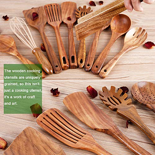 Kitchen Utenails Set with Holder,Kitchen Wooden Utensils for Cooking, Wood Utensil Natural Teak Wood Spoons for Cooking,Wooden Kitchen Utensil Set With Spatula and Ladle (11) - My Kitchen Products