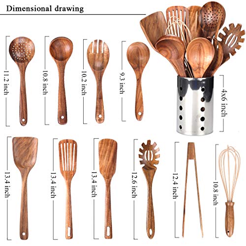 Kitchen Utenails Set with Holder,Kitchen Wooden Utensils for Cooking, Wood Utensil Natural Teak Wood Spoons for Cooking,Wooden Kitchen Utensil Set With Spatula and Ladle (11) - My Kitchen Products