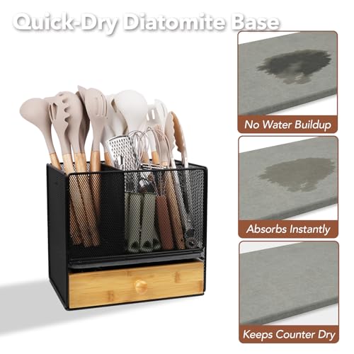 Kitchen Utensil Holder Countertop, Extra Large Utensil Organizer with Drawer, 2-Tier Utensil & Silverware Organizer for Kitchen Counter, Cooking Utensil Cutlery Caddy, Quick Dry Diatomite Base - My Kitchen Products