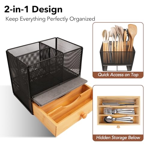 Kitchen Utensil Holder Countertop, Extra Large Utensil Organizer with Drawer, 2-Tier Utensil & Silverware Organizer for Kitchen Counter, Cooking Utensil Cutlery Caddy, Quick Dry Diatomite Base - My Kitchen Products
