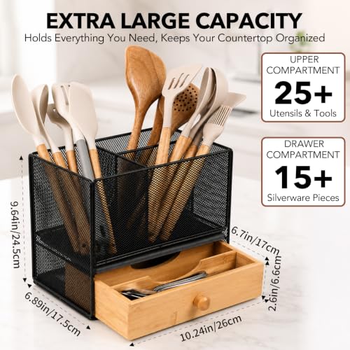 Kitchen Utensil Holder Countertop, Extra Large Utensil Organizer with Drawer, 2-Tier Utensil & Silverware Organizer for Kitchen Counter, Cooking Utensil Cutlery Caddy, Quick Dry Diatomite Base - My Kitchen Products