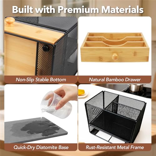 Kitchen Utensil Holder Countertop, Extra Large Utensil Organizer with Drawer, 2-Tier Utensil & Silverware Organizer for Kitchen Counter, Cooking Utensil Cutlery Caddy, Quick Dry Diatomite Base - My Kitchen Products