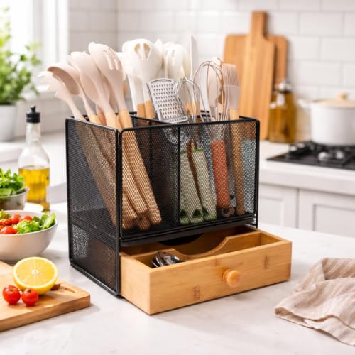 Kitchen Utensil Holder Countertop, Extra Large Utensil Organizer with Drawer, 2-Tier Utensil & Silverware Organizer for Kitchen Counter, Cooking Utensil Cutlery Caddy, Quick Dry Diatomite Base - My Kitchen Products