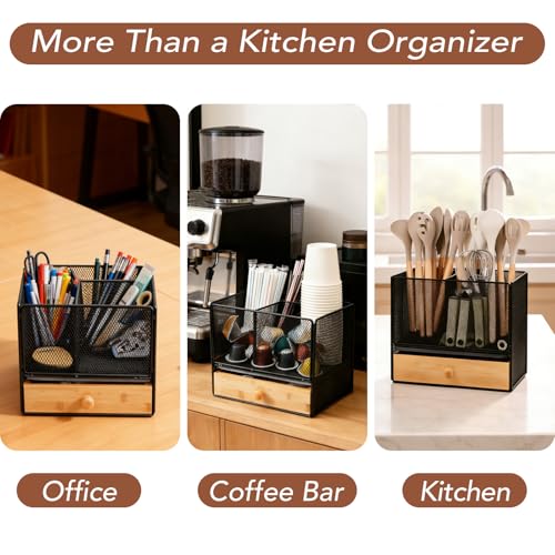 Kitchen Utensil Holder Countertop, Extra Large Utensil Organizer with Drawer, 2-Tier Utensil & Silverware Organizer for Kitchen Counter, Cooking Utensil Cutlery Caddy, Quick Dry Diatomite Base - My Kitchen Products