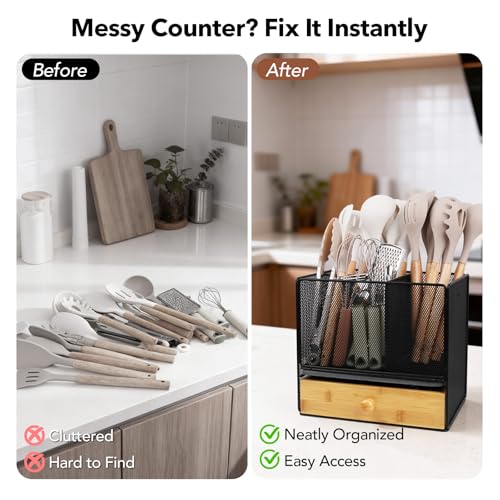 Kitchen Utensil Holder Countertop, Extra Large Utensil Organizer with Drawer, 2-Tier Utensil & Silverware Organizer for Kitchen Counter, Cooking Utensil Cutlery Caddy, Quick Dry Diatomite Base - My Kitchen Products