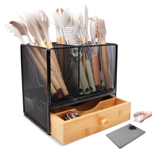 Kitchen Utensil Holder Countertop, Extra Large Utensil Organizer with Drawer, 2-Tier Utensil & Silverware Organizer