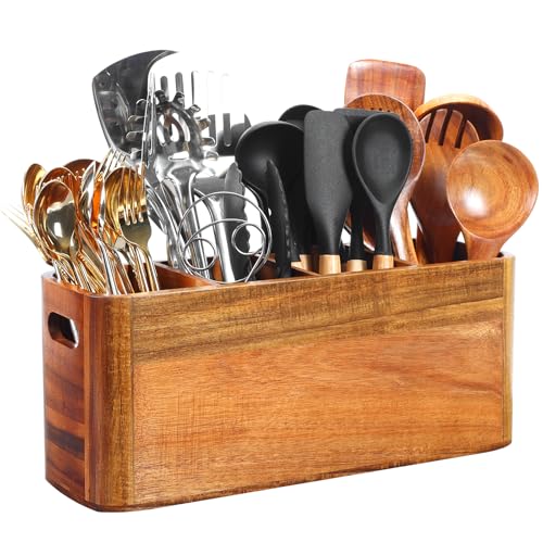 Kitchen Utensil Holder for Counter or Countertop, Extra Large Acacia Wood Organizer with 4
