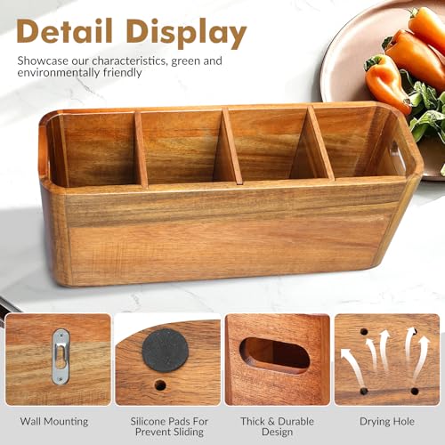Kitchen Utensil Holder for Counter or Countertop, Extra Large Acacia Wood Organizer with 4 Compartments, Wooden Storage for Cooking and Silverware, Rustic Minimalist Decor, Sturdy Utensil Crock - My Kitchen Products