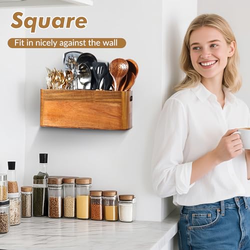 Kitchen Utensil Holder for Counter or Countertop, Extra Large Acacia Wood Organizer with 4 Compartments, Wooden Storage for Cooking and Silverware, Rustic Minimalist Decor, Sturdy Utensil Crock - My Kitchen Products