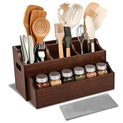 Kitchen Utensil Holder for Countertop, Extra Large Wooden Utensil Organizer with 6