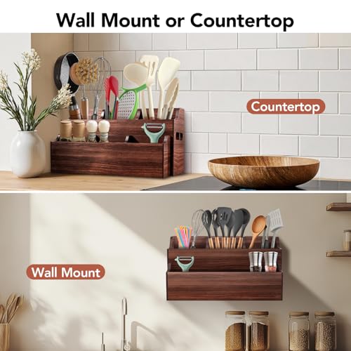 Kitchen Utensil Holder for Countertop, Extra Large Wooden Utensil Organizer with 6 Compartments, Kitchen Organizer for Storage Cooking Tools & Silverware, with Removable Spice Rack, Spoon Rest - My Kitchen Products
