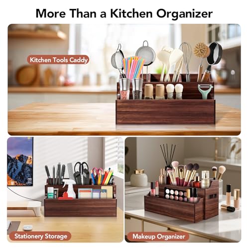 Kitchen Utensil Holder for Countertop, Extra Large Wooden Utensil Organizer with 6 Compartments, Kitchen Organizer for Storage Cooking Tools & Silverware, with Removable Spice Rack, Spoon Rest - My Kitchen Products