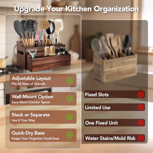 Kitchen Utensil Holder for Countertop, Extra Large Wooden Utensil Organizer with 6 Compartments, Kitchen Organizer for Storage Cooking Tools & Silverware, with Removable Spice Rack, Spoon Rest - My Kitchen Products