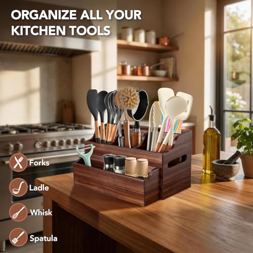 Kitchen Utensil Holder for Countertop, Extra Large Wooden Utensil Organizer with 6 Compartments, Kitchen Organizer for Storage Cooking Tools & Silverware, with Removable Spice Rack, Spoon Rest - My Kitchen Products