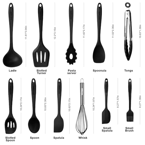 Kitchen Utensil Set - 11 Cooking Utensils - Colorful Silicone Kitchen Utensils - Nonstick Cookware with Spatula Set - Colored Best Kitchen Tools Kitchen Gadgets (Black) - My Kitchen Products