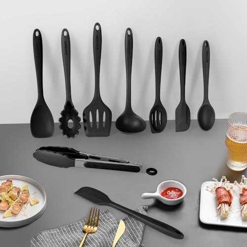 Kitchen Utensil Set - 11 Cooking Utensils - Colorful Silicone Kitchen Utensils - Nonstick Cookware with Spatula Set - Colored Best Kitchen Tools Kitchen Gadgets (Black) - My Kitchen Products