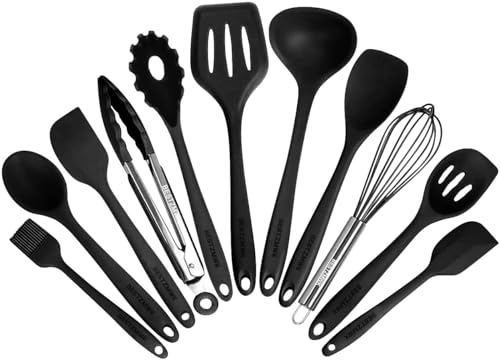 Kitchen Utensil Set - 11 Cooking Utensils - Colorful Silicone Kitchen Utensils - Nonstick Cookware with Spatula Set - Colored Best Kitchen Tools Kitchen Gadgets (Black) - My Kitchen Products