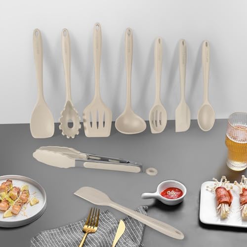 Kitchen Utensil Set - 11 Cooking Utensils - Colorful Silicone Kitchen Utensils - Nonstick Cookware with Spatula Set - Colored Best Kitchen Tools Kitchen Gadgets (Khaki) - My Kitchen Products
