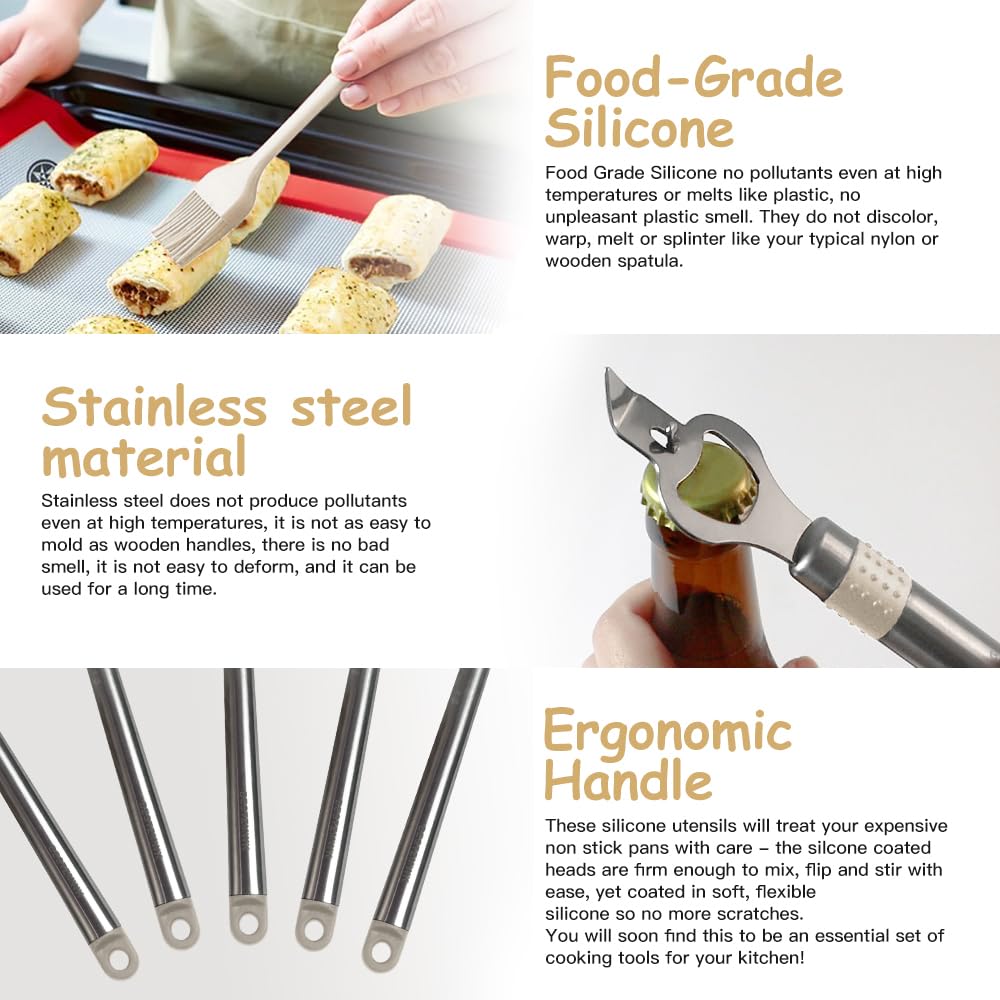 Kitchen Utensil Set-Silicone Cooking Utensils-33 Kitchen Gadgets & Spoons for Nonstick Cookware-Silicone and Stainless Steel Spatula Set-Best Kitchen Tools, Useful Pots (Khaki) - My Kitchen Products