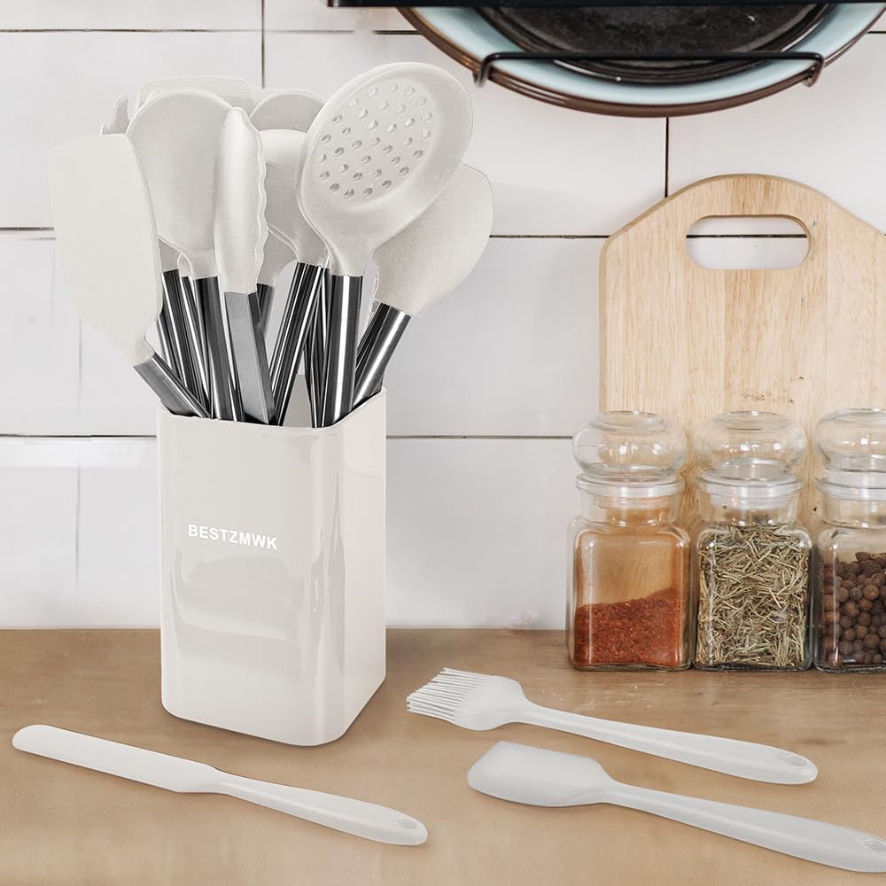 Kitchen Utensil Set-Silicone Cooking Utensils-33 Kitchen Gadgets & Spoons for Nonstick Cookware-Silicone and Stainless Steel Spatula Set-Best Kitchen Tools, Useful Pots (Cream White) - My Kitchen Products