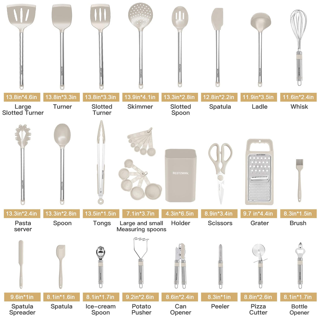Kitchen Utensil Set-Silicone Cooking Utensils-33 Kitchen Gadgets & Spoons for Nonstick Cookware-Silicone and Stainless Steel Spatula Set-Best Kitchen Tools, Useful Pots (Khaki) - My Kitchen Products