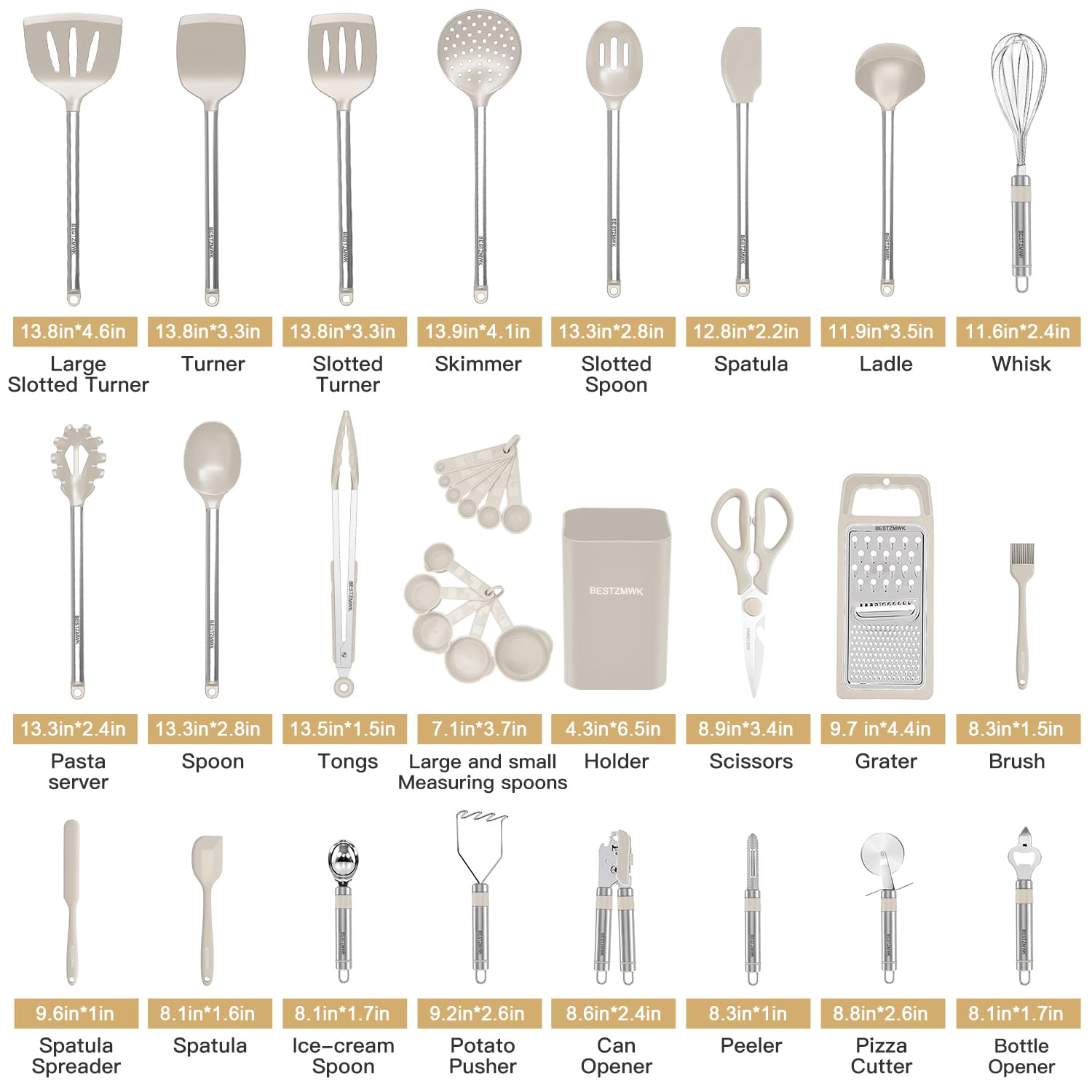 Kitchen Utensil Set-Silicone Cooking Utensils-33 Kitchen Gadgets & Spoons for Nonstick Cookware-Silicone and Stainless Steel Spatula Set-Best Kitchen Tools, Useful Pots (Khaki) - My Kitchen Products