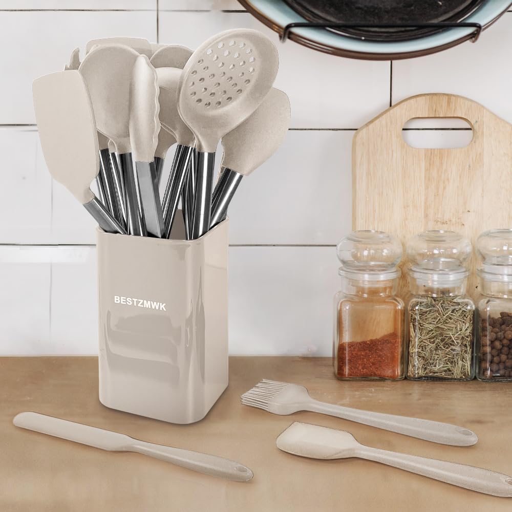 Kitchen Utensil Set-Silicone Cooking Utensils-33 Kitchen Gadgets & Spoons for Nonstick Cookware-Silicone and Stainless Steel Spatula Set-Best Kitchen Tools, Useful Pots (Khaki) - My Kitchen Products