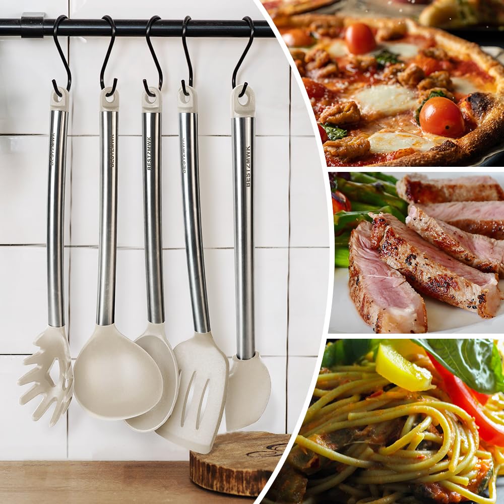 Kitchen Utensil Set-Silicone Cooking Utensils-33 Kitchen Gadgets & Spoons for Nonstick Cookware-Silicone and Stainless Steel Spatula Set-Best Kitchen Tools, Useful Pots (Khaki) - My Kitchen Products