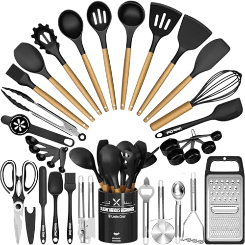 Kitchen Utensils Set- 34PCS Silicone Cooking Utensil with Holder, Umite Chef Heat Resistant Kitchen Spatula Set for Nonstick Cookware, Black Wooden Handles Kitchen Gadgets Tools Set - My Kitchen Products