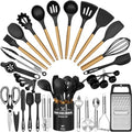 Kitchen Utensils Set- 34PCS Silicone Cooking Utensil with Holder, Umite Chef Heat Resistant Kitchen Spatula Set for Nonstick Cookware, Black Wooden Handles Kitchen Gadgets Tools Set - My Kitchen Products
