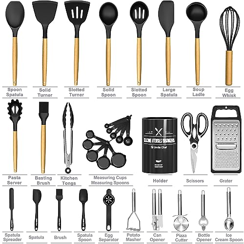 Kitchen Utensils Set- 34PCS Silicone Cooking Utensil with Holder, Umite Chef Heat Resistant Kitchen Spatula Set for Nonstick Cookware, Black Wooden Handles Kitchen Gadgets Tools Set - My Kitchen Products