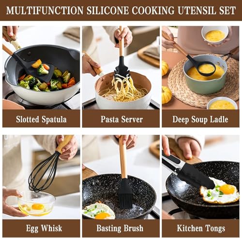 Kitchen Utensils Set- 34PCS Silicone Cooking Utensil with Holder, Umite Chef Heat Resistant Kitchen Spatula Set for Nonstick Cookware, Black Wooden Handles Kitchen Gadgets Tools Set - My Kitchen Products