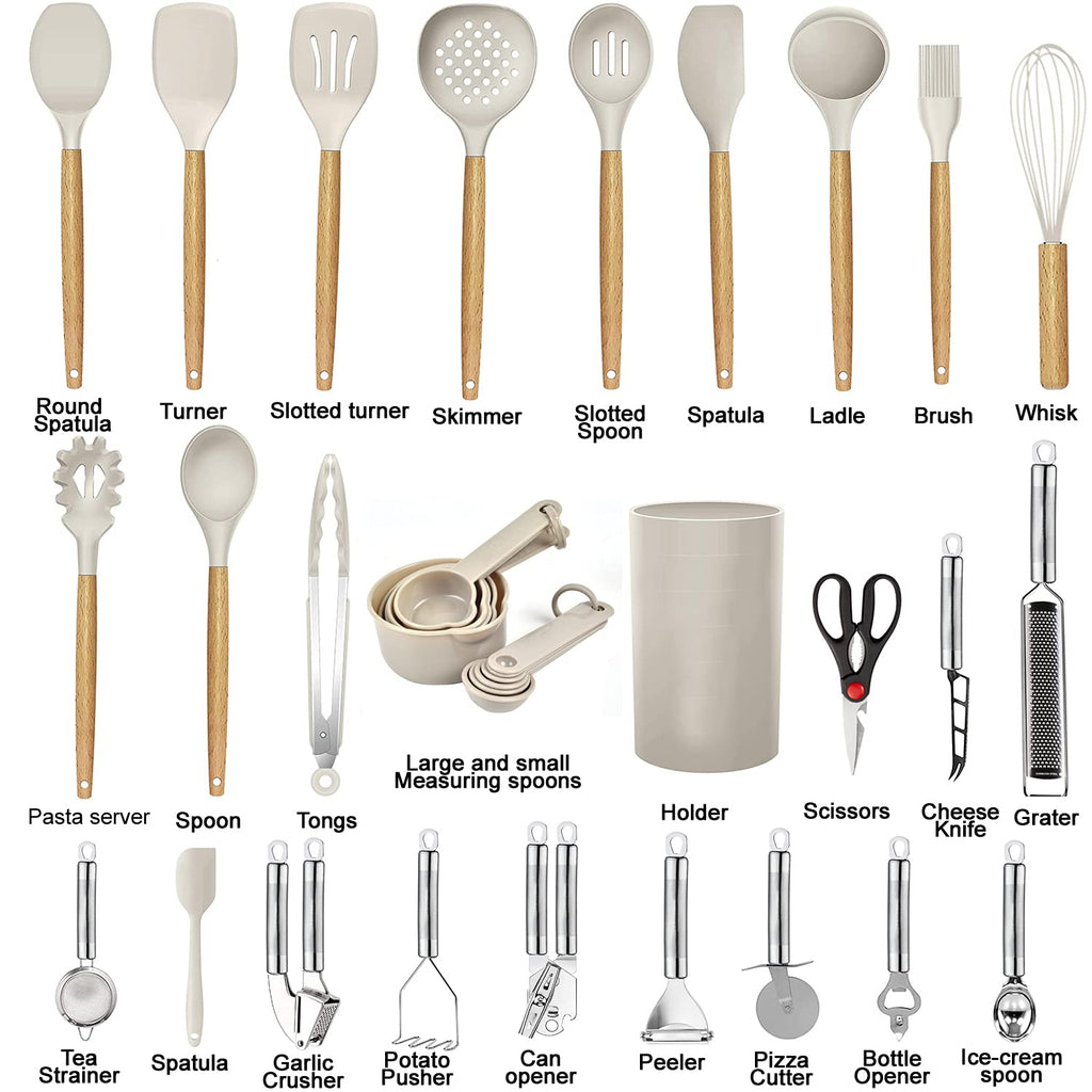 Kitchen Utensils Set- 35 PCs Cooking Utensils with Grater,Tongs, Spoon Spatula &Turner Made of Heat Resistant Food Grade Silicone and Wooden Handles Kitchen Gadgets Tools Set for Nonstick Cookware - My Kitchen Products