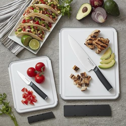 KitchenAid Classic Nonslip 2-Piece Plastic Cutting Board Set with Perimeter Trench and Non Slip Edges, 2-Piece Kitchen Chopping Boards, Dishwasher-Safe, White and Gray - My Kitchen Products