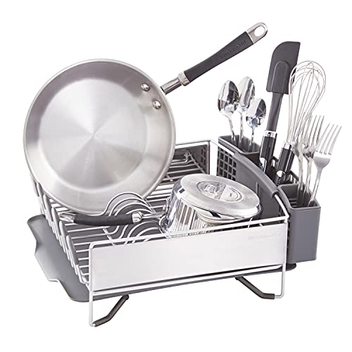 KitchenAid Compact Space Saving, Dish Rack with Removable Flatware Caddy and Angled Self Draining Drainboard, Satin Gray, 15-Inch-by-13.25-Inch - My Kitchen Products