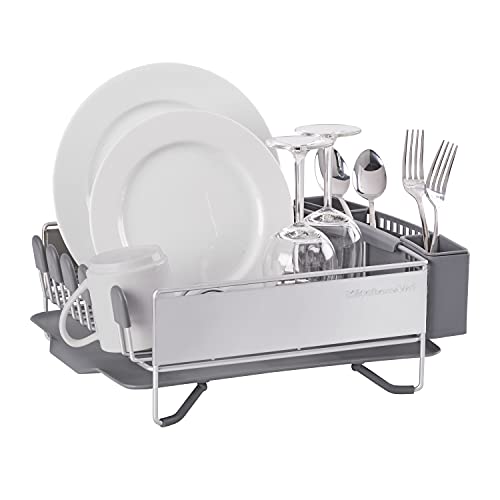 KitchenAid Compact Space Saving, Dish Rack with Removable Flatware Caddy and Angled Self Draining Drainboard, Satin Gray, 15-Inch-by-13.25-Inch - My Kitchen Products