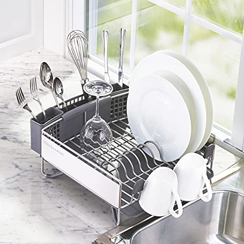 KitchenAid Compact Space Saving, Dish Rack with Removable Flatware Caddy and Angled Self Draining Drainboard, Satin Gray, 15-Inch-by-13.25-Inch - My Kitchen Products