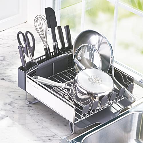 KitchenAid Compact Space Saving, Dish Rack with Removable Flatware Caddy and Angled Self Draining Drainboard, Satin Gray, 15-Inch-by-13.25-Inch - My Kitchen Products