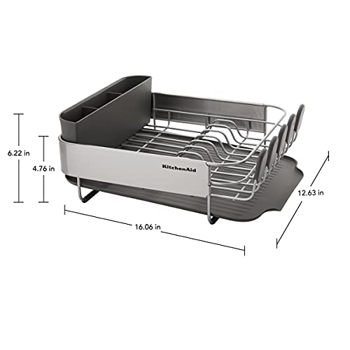 KitchenAid Compact, Space Saving Rust Resistant Dish Rack, with Angled Self Draining Drain Board and Removable Flatware Caddy, 16.06-Inch, Gray - My Kitchen Products