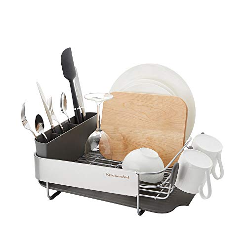 KitchenAid Compact, Space Saving Rust Resistant Dish Rack, with Angled Self Draining Drain Board and Removable Flatware Caddy, 16.06-Inch, Gray - My Kitchen Products