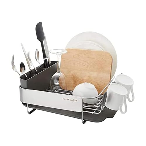 KitchenAid Compact, Space Saving Rust Resistant Dish Rack, with Angled Self Draining Drain Board and Removable Flatware Caddy, 16.06-Inch, Gray - My Kitchen Products