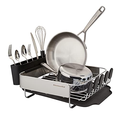 KitchenAid Compact, Space Saving Rust Resistant Dish Rack with Removable Flatware Caddy and Angled Self Draining Drainboard, 16.06-Inch, Black - My Kitchen Products