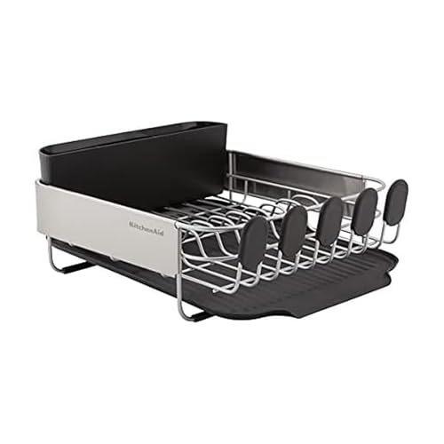 KitchenAid Compact, Space Saving Rust Resistant Dish Rack with Removable Flatware Caddy and Angled Self Draining Drainboard, 16.06-Inch, Black - My Kitchen Products