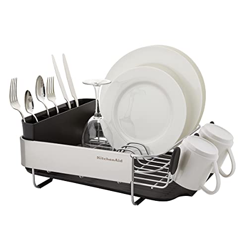 KitchenAid Compact, Space Saving Rust Resistant Dish Rack with Removable Flatware Caddy and Angled Self Draining Drainboard, 16.06-Inch, Black - My Kitchen Products