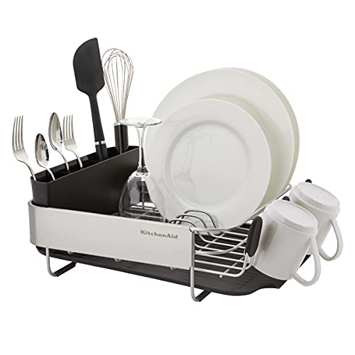 KitchenAid Compact, Space Saving Rust Resistant Dish Rack with Removable Flatware Caddy and Angled Self Draining Drainboard, 16.06-Inch, Black - My Kitchen Products